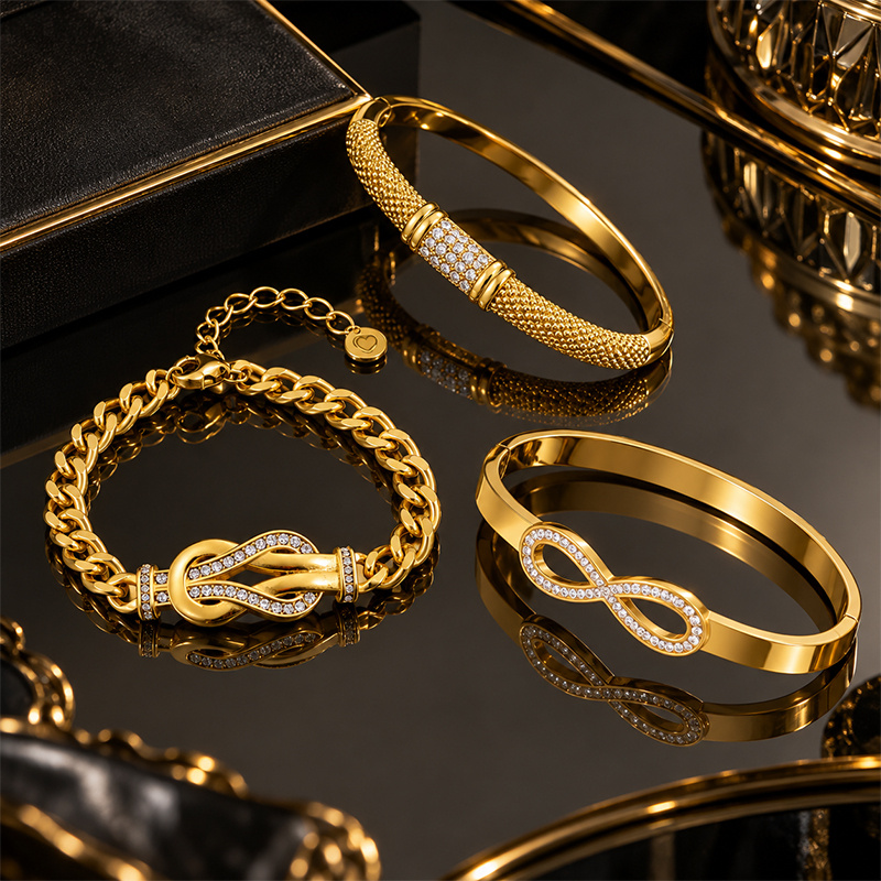 3pc Stackable Wrist Set, Cuban Knot Bracelet, Mesh Bangle & Infinity Cuff